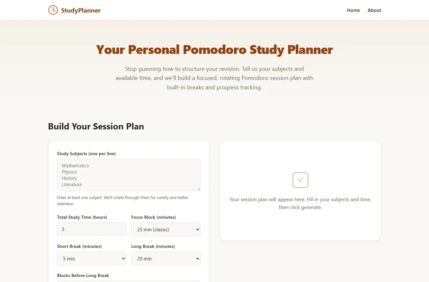 Screenshot of Study Session Pomodoro Planner interface showing the project page in use